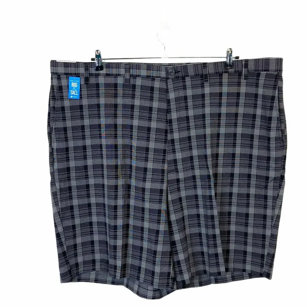 Haggar Chino Shorts Men's Black Cool 18 Pro Pinstripe Plaid Flat Front Sz 48 W